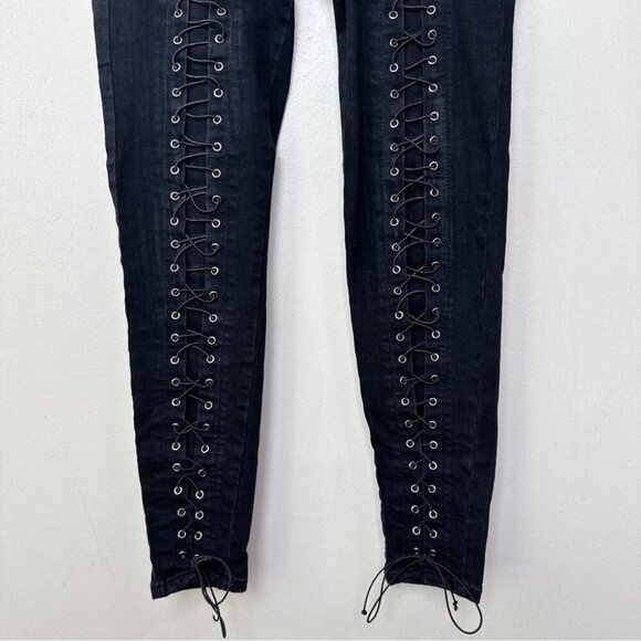 Platinum Plush Womens 7 Rhinestones Lace Up Biker Riding Jeans - Picture 6 of 14